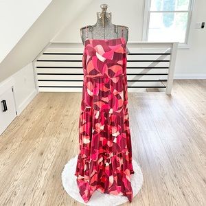 NWT M Nine West red pink and orange maxi spaghetti strap retro print dress